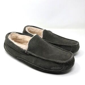 UGG Ascot Slipper Mens 9 Charcoal Grey Suede Shearling‎ Lined Comfort Cozy